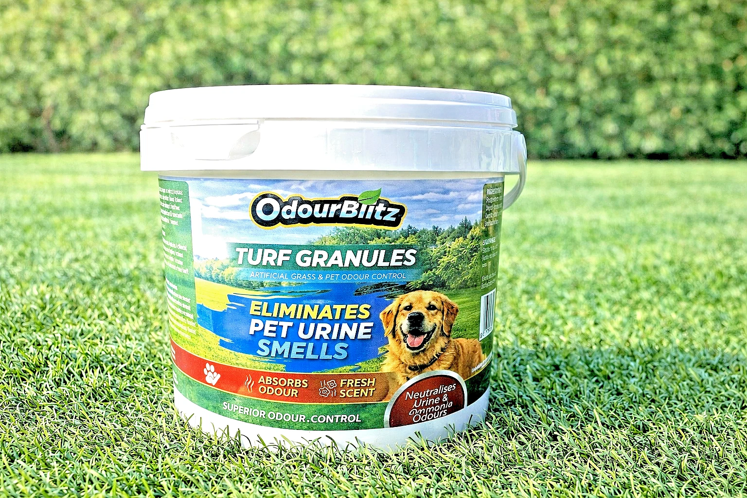 OdourBlitz Turf Granules 2 kg bucket on artificial grass